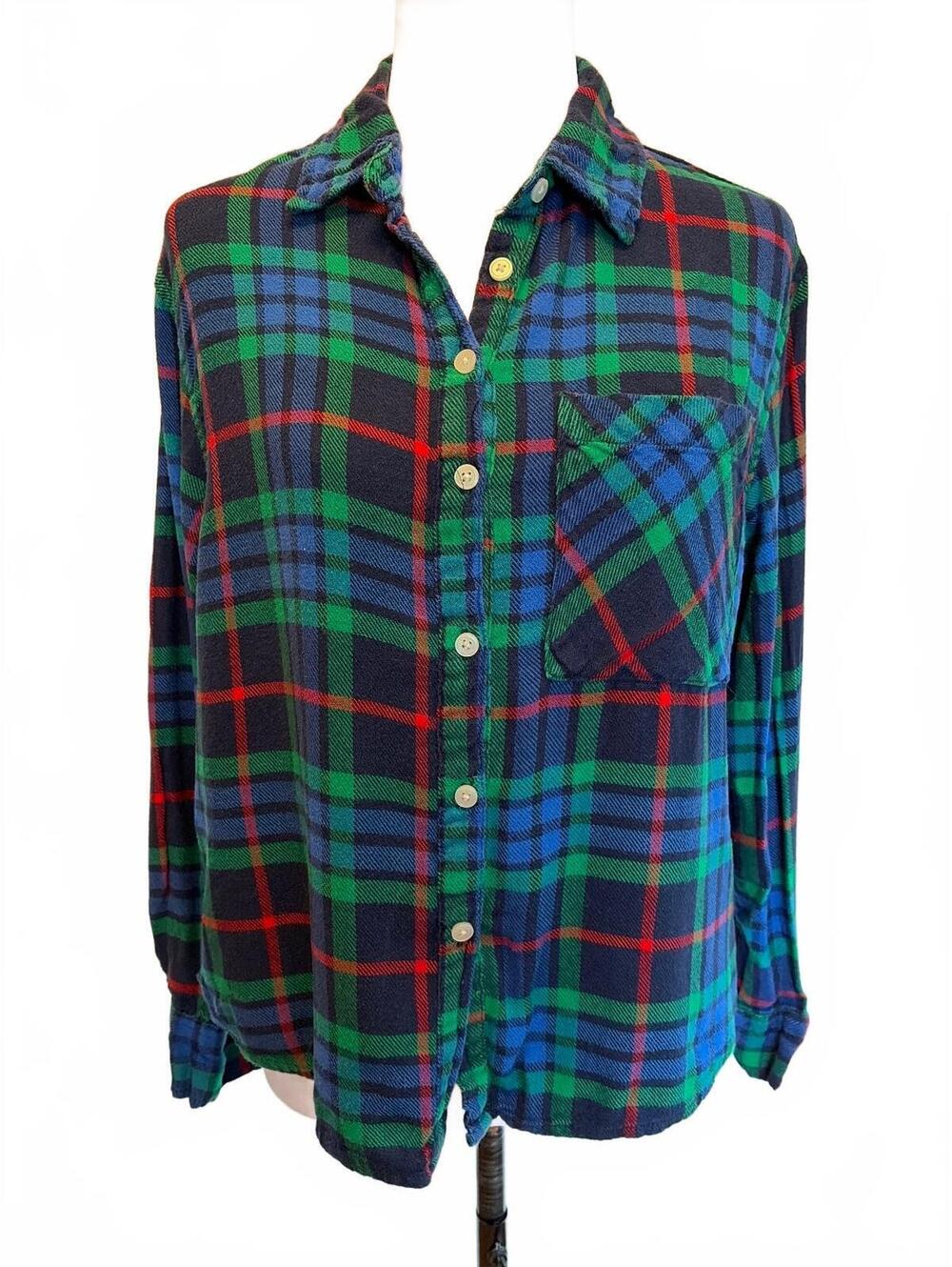 Aerie XS Navy Green Plaid Flannel Shirt Grunge 90s Indie Cabincore Prep Gorpcore